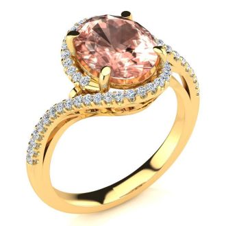 2 1/2 Carat Oval Shape Morganite and Halo Diamond Ring In 14 Karat Yellow Gold
