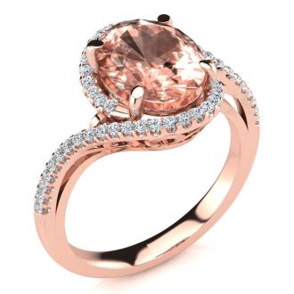 2-1/2 Carat Oval Shape Morganite and Halo Diamond Ring In 14 Karat Rose Gold