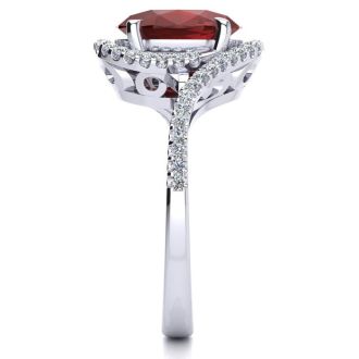 3 1/3 Carat Oval Shape Ruby and Halo Diamond Ring In 14 Karat White Gold