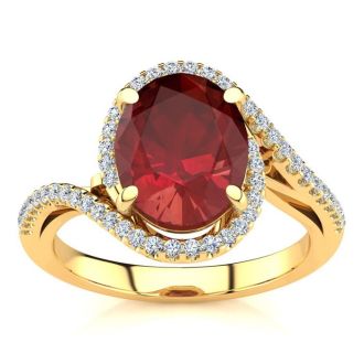 3 1/3 Carat Oval Shape Ruby and Halo Diamond Ring In 14 Karat Yellow Gold