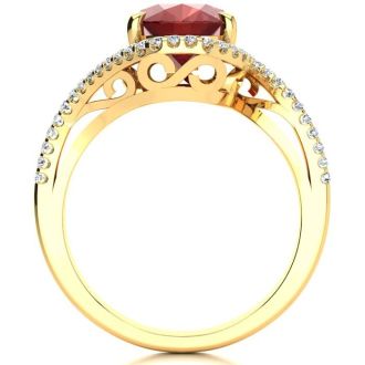 3 1/3 Carat Oval Shape Ruby and Halo Diamond Ring In 14 Karat Yellow Gold