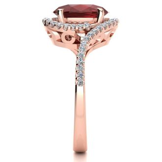 3 1/3 Carat Oval Shape Ruby and Halo Diamond Ring In 14 Karat Rose Gold