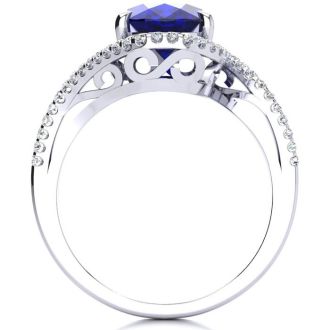 3 1/3 Carat Oval Shape Sapphire and Halo Diamond Ring In 14 Karat White Gold