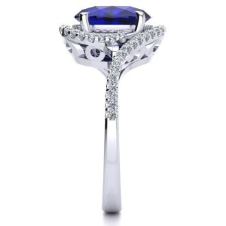 3 1/3 Carat Oval Shape Sapphire and Halo Diamond Ring In 14 Karat White Gold