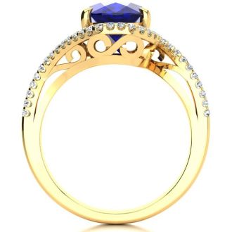 3 1/3 Carat Oval Shape Sapphire and Halo Diamond Ring In 14 Karat Yellow Gold