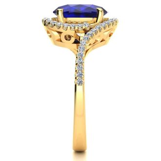 3 1/3 Carat Oval Shape Sapphire and Halo Diamond Ring In 14 Karat Yellow Gold