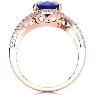 3 1/3 Carat Oval Shape Sapphire and Halo Diamond Ring In 14 Karat Rose Gold