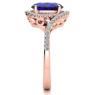 3 1/3 Carat Oval Shape Sapphire and Halo Diamond Ring In 14 Karat Rose Gold