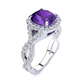 2 1/2 Carat Cushion Cut Amethyst and Halo Diamond Ring With Fancy Band In 14 Karat White Gold