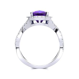 2 1/2 Carat Cushion Cut Amethyst and Halo Diamond Ring With Fancy Band In 14 Karat White Gold