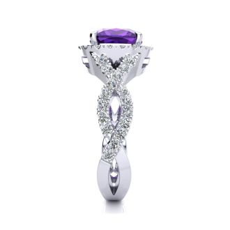 2 1/2 Carat Cushion Cut Amethyst and Halo Diamond Ring With Fancy Band In 14 Karat White Gold