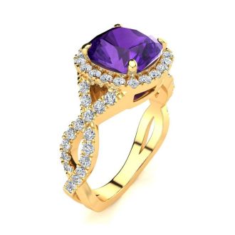 2 1/2 Carat Cushion Cut Amethyst and Halo Diamond Ring With Fancy Band In 14 Karat Yellow Gold