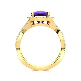 2 1/2 Carat Cushion Cut Amethyst and Halo Diamond Ring With Fancy Band In 14 Karat Yellow Gold