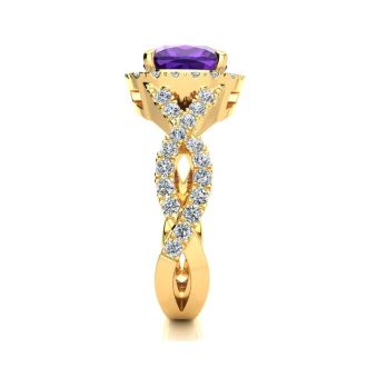 2 1/2 Carat Cushion Cut Amethyst and Halo Diamond Ring With Fancy Band In 14 Karat Yellow Gold