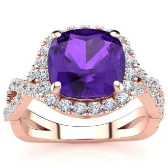 2 1/2 Carat Cushion Cut Amethyst and Halo Diamond Ring With Fancy Band In 14 Karat Rose Gold