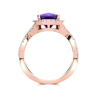 2 1/2 Carat Cushion Cut Amethyst and Halo Diamond Ring With Fancy Band In 14 Karat Rose Gold