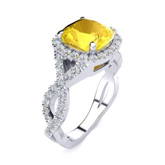 2 1/2 Carat Cushion Cut Citrine and Halo Diamond Ring With Fancy Band In 14 Karat White Gold