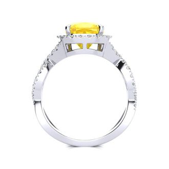 2 1/2 Carat Cushion Cut Citrine and Halo Diamond Ring With Fancy Band In 14 Karat White Gold