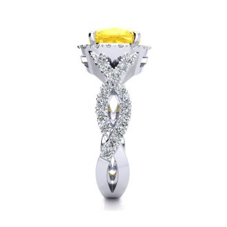 2 1/2 Carat Cushion Cut Citrine and Halo Diamond Ring With Fancy Band In 14 Karat White Gold