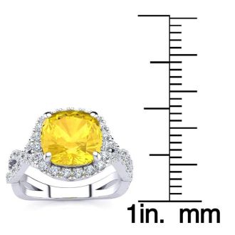 2 1/2 Carat Cushion Cut Citrine and Halo Diamond Ring With Fancy Band In 14 Karat White Gold