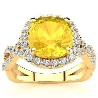 2 1/2 Carat Cushion Cut Citrine and Halo Diamond Ring With Fancy Band In 14 Karat Yellow Gold