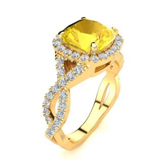 2 1/2 Carat Cushion Cut Citrine and Halo Diamond Ring With Fancy Band In 14 Karat Yellow Gold