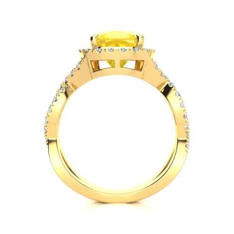 2 1/2 Carat Cushion Cut Citrine and Halo Diamond Ring With Fancy Band In 14 Karat Yellow Gold