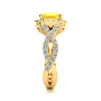 2 1/2 Carat Cushion Cut Citrine and Halo Diamond Ring With Fancy Band In 14 Karat Yellow Gold