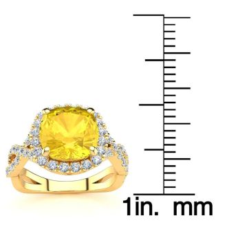 2 1/2 Carat Cushion Cut Citrine and Halo Diamond Ring With Fancy Band In 14 Karat Yellow Gold