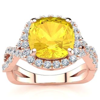 2 1/2 Carat Cushion Cut Citrine and Halo Diamond Ring With Fancy Band In 14 Karat Rose Gold