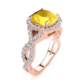 2 1/2 Carat Cushion Cut Citrine and Halo Diamond Ring With Fancy Band In 14 Karat Rose Gold