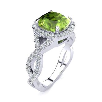 3 Carat Cushion Cut Peridot and Halo Diamond Ring With Fancy Band In 14 Karat White Gold