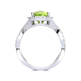 3 Carat Cushion Cut Peridot and Halo Diamond Ring With Fancy Band In 14 Karat White Gold