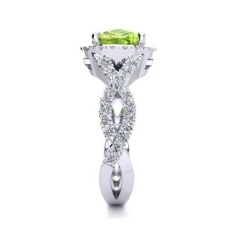 3 Carat Cushion Cut Peridot and Halo Diamond Ring With Fancy Band In 14 Karat White Gold