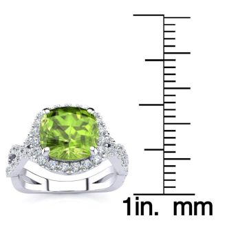 3 Carat Cushion Cut Peridot and Halo Diamond Ring With Fancy Band In 14 Karat White Gold