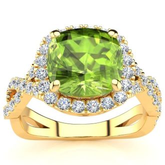 3 Carat Cushion Cut Peridot and Halo Diamond Ring With Fancy Band In 14 Karat Yellow Gold