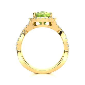 3 Carat Cushion Cut Peridot and Halo Diamond Ring With Fancy Band In 14 Karat Yellow Gold