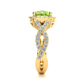 3 Carat Cushion Cut Peridot and Halo Diamond Ring With Fancy Band In 14 Karat Yellow Gold