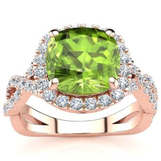 3 Carat Cushion Cut Peridot and Halo Diamond Ring With Fancy Band In 14 Karat Rose Gold