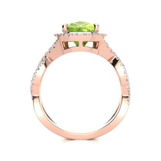 3 Carat Cushion Cut Peridot and Halo Diamond Ring With Fancy Band In 14 Karat Rose Gold