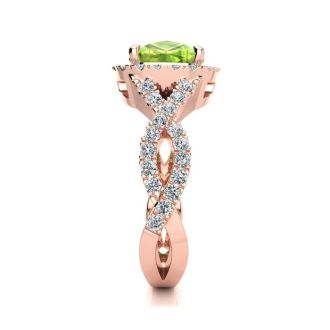 3 Carat Cushion Cut Peridot and Halo Diamond Ring With Fancy Band In 14 Karat Rose Gold