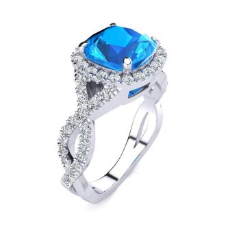 3 Carat Cushion Cut Blue Topaz and Halo Diamond Ring With Fancy Band In 14 Karat White Gold