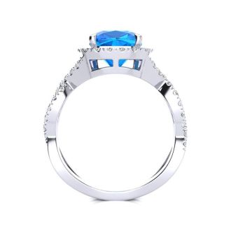 3 Carat Cushion Cut Blue Topaz and Halo Diamond Ring With Fancy Band In 14 Karat White Gold