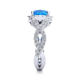 3 Carat Cushion Cut Blue Topaz and Halo Diamond Ring With Fancy Band In 14 Karat White Gold