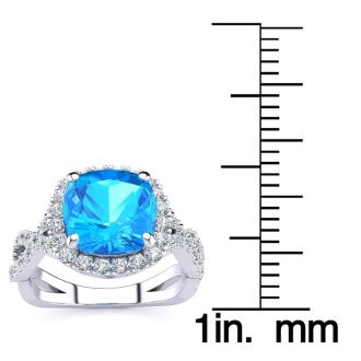 3 Carat Cushion Cut Blue Topaz and Halo Diamond Ring With Fancy Band In 14 Karat White Gold