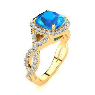 3 Carat Cushion Cut Blue Topaz and Halo Diamond Ring With Fancy Band In 14 Karat Yellow Gold
