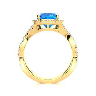 3 Carat Cushion Cut Blue Topaz and Halo Diamond Ring With Fancy Band In 14 Karat Yellow Gold
