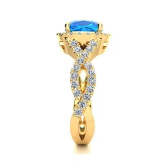 3 Carat Cushion Cut Blue Topaz and Halo Diamond Ring With Fancy Band In 14 Karat Yellow Gold