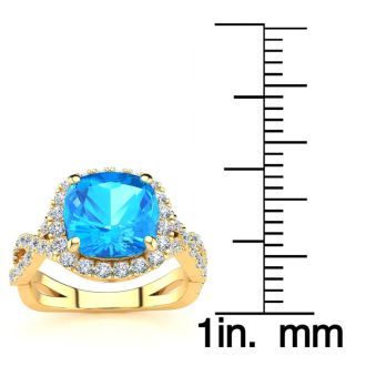 3 Carat Cushion Cut Blue Topaz and Halo Diamond Ring With Fancy Band In 14 Karat Yellow Gold