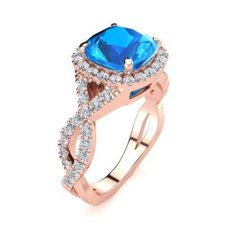 3 Carat Cushion Cut Blue Topaz and Halo Diamond Ring With Fancy Band In 14 Karat Rose Gold